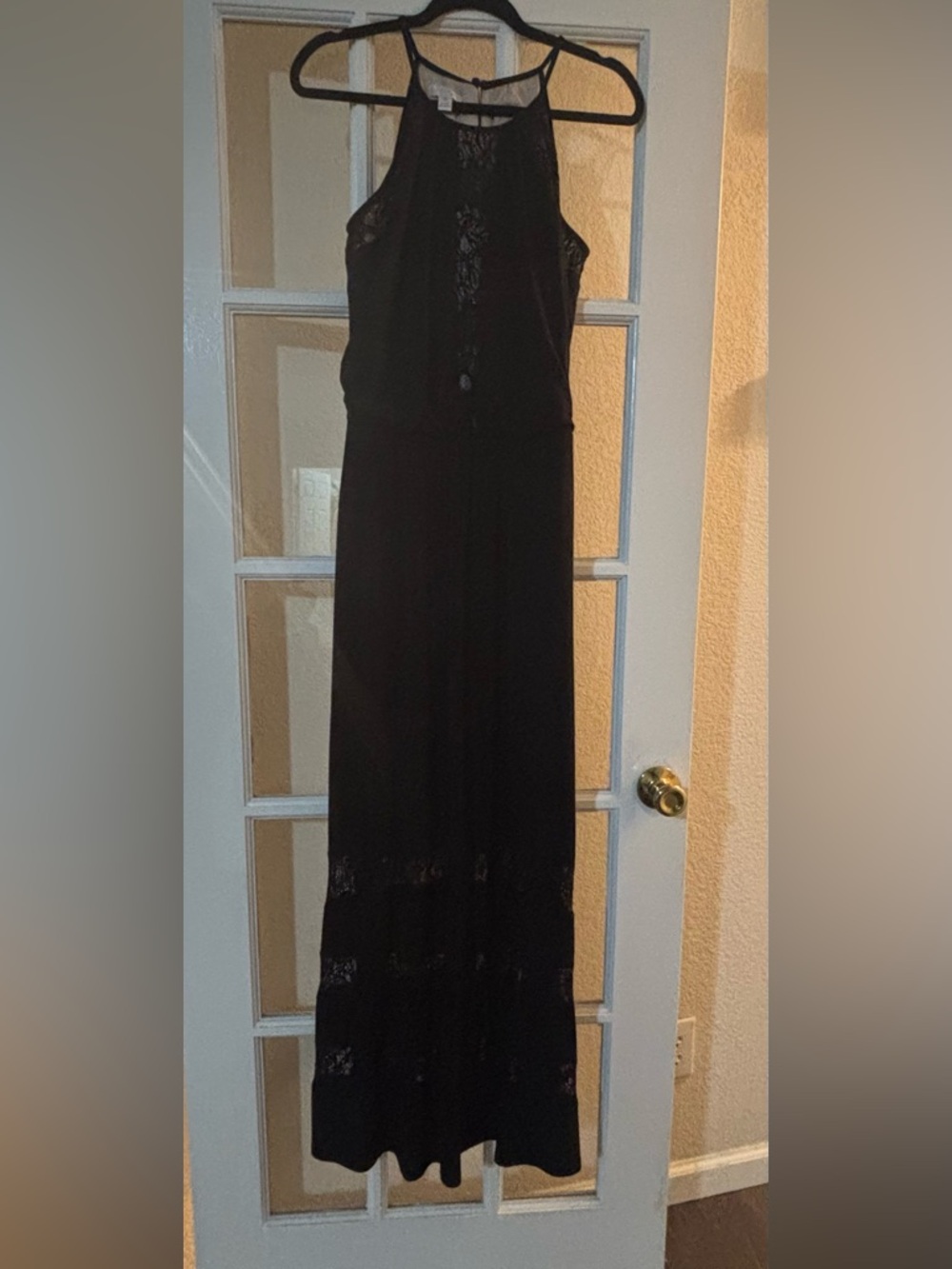 London Times Black Sleeveless Lace-Trim Maxi Dress